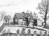 Stora Bergsgränd i Nyköping, teckning av Knut Wiholm