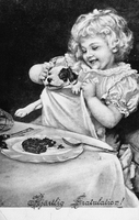 Vykort efter målning, flicka vid matbordet med hund, tidigt 1900-tal