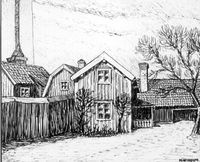 Östra Kyrkogatan 27  i Nyköping, teckning av Knut Wiholm