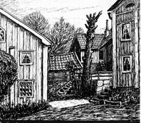 Behmbrogatan 12-14 i Nyköping, teckning av Knut Wiholm
