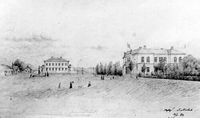 Foto efter teckning, Nyköpings teater och Carl Lundgrens hus, sent 1800-tal