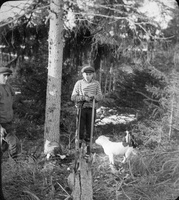 Skogsarbete, troligen Folke Ahlstrand (1901-1954) med hund