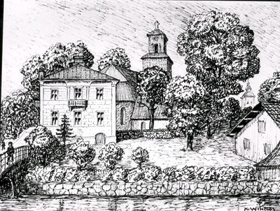 Prostgården med S:t Nicolai kyrkan, teckning av Knut Wiholm