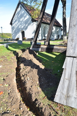 Lids kyrkas klockstapel, grävt dike för åskringledare