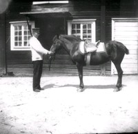 Man med sadlad häst på ladugårdsplanen vid Ökna säteri i Floda socken