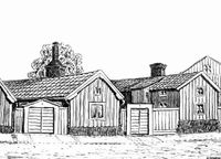 Östra Kvarngatan 4-6  i Nyköping, teckning av Knut Wiholm