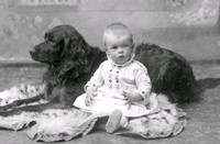 En litet barn sittande intill en hund