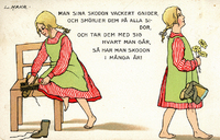 Färglagt ritat vykort, flicka och text om skovård, tidigt 1900-tal