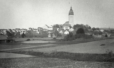 Foto av Strängnäs från V med Storgärdet i förgrunden