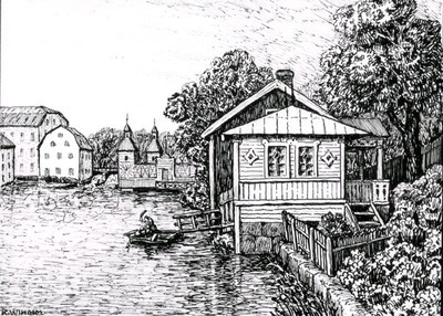 Foto av teckning, Knut Wiholm, motiv från Nyköpingsån med kallbadhuset