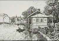 Nyköpingsån med kallbadhus och Hulténs lusthus, teckning av Knut Wiholm