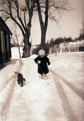 Flicka med hund i koppel i vinterlandskap