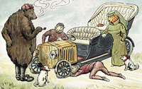Färglagt och tecknat vykort, motiv med djur och bil, tidigt 1900-tal