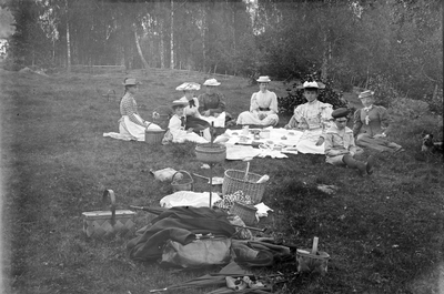 Familjen Åkerhielm med vänner på utflykt, picknick i en skogsbacke