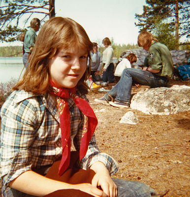 Helene Hultberg på scoutläger, sent 1970-tal