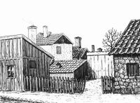 Skjutsaregatan 5-7  i Nyköping, teckning av Knut Wiholm