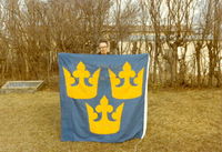 Flagga på Nyköpingshus med riksvapnet TRE KRONOR.
