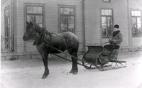 Georg Åkerman (1889-1932) med häst och släde vid Bettna station, 1920-tal