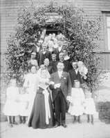 Bröllopsfoto med släkten på trappan
