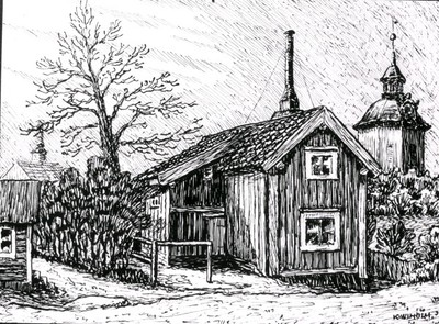 Lilla Bergsgränd i Nyköping, teckning av Knut Wiholm