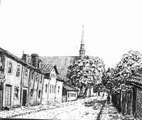 Östra Kyrkogatan i Nyköping, teckning av Knut Wiholm