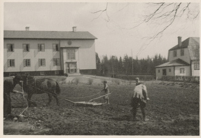 Plöjning med häst framför Österbo, Solbacka Läroverk, 1932
