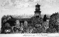 En teckning av S:t Nikolai kyrka med omgivning