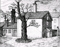 Gårdsinteriör från gamla Lasarettsgränd 4, nuvarande S:t Annegatan 4 i Nyköping. Teckning av Knut Wiholm,