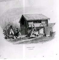 Uthus och loftbod i Lyttersta, akvarell av J. W. Wallner