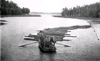 Timmerflottning, spelöka vid Mälspånga bro i Husby-Oppunda socken omkring 1925