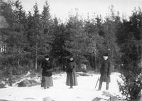 Vinterpromenad i skogen, troligen Floda socken, tidigt 1900-tal