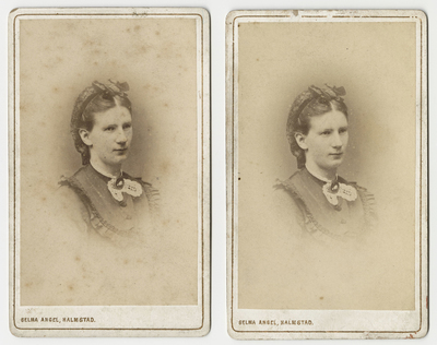 Två visitkort, foto på kvinna 1880-tal, har tillhört konstnären Bodil Güntzel