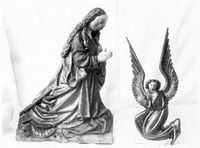 Maria knäböjer och till höger ' sitter ' det en ängel.