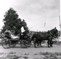 Två kvinnor åker häst och vagn.