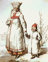 Litografi, kvinna och barn i vinterdräkt