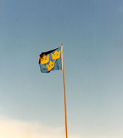 Flagga på Nyköpingshus med riksvapnet TRE KRONOR.