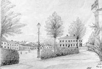 Teckning av järnvägstorget, senare Teaterparken i Nyköping, 1887