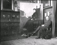 Bernhard Österman med hund framför tavlan med grevinnan Christina de Casa Miranda (f. Nilsson).